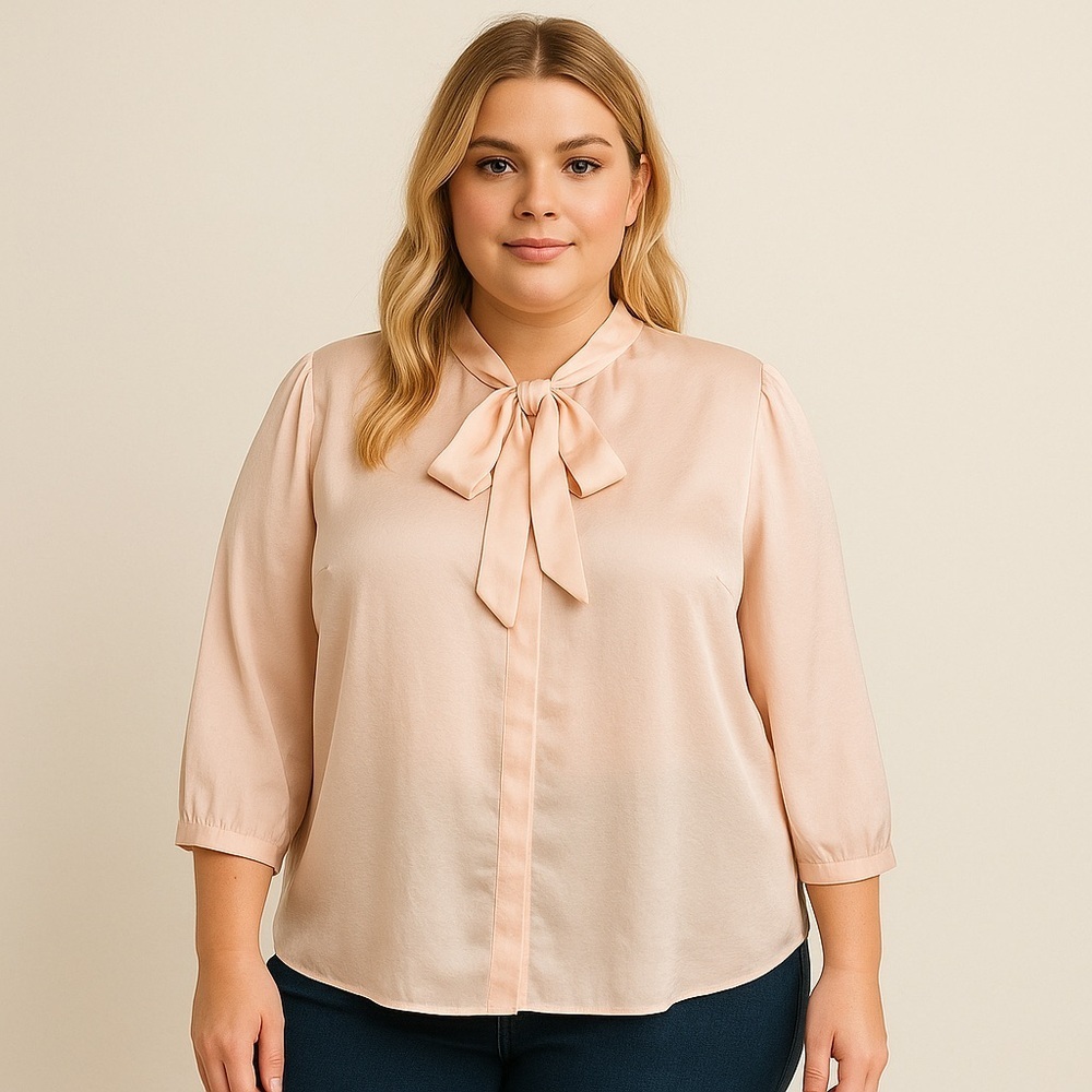 ModCloth HBIC Blouse 1X Blush Pink Silky Tie Neck Retro Office Top